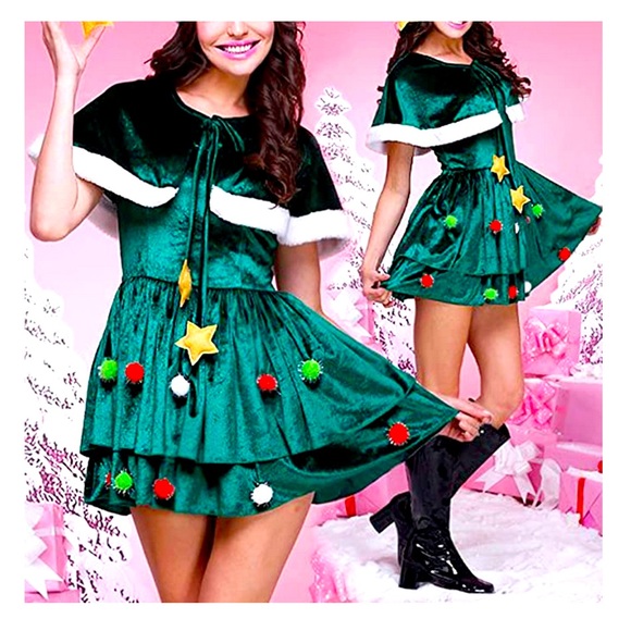 Christmas Tree Mini dress with cape and ornaments - NEW! - Picture 1 of 9